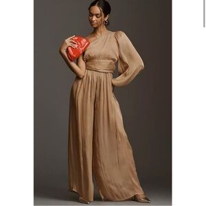 Anthropologie Tan One-Shoulder Jumpsuit